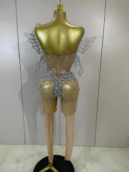 Sexy 3D Butterfly Strapless Mesh See Through Jumpsuit Sparkly Silver Diamond Eveing Party Birthday Bar Nightclub Stage Costumes