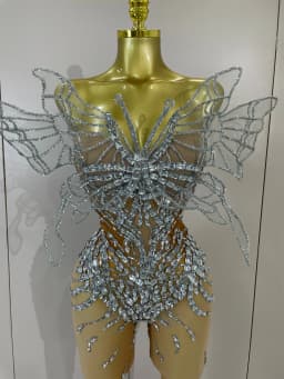 Sexy 3D Butterfly Strapless Mesh See Through Jumpsuit Sparkly Silver Diamond Eveing Party Birthday Bar Nightclub Stage Costumes