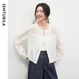 SENTUBILA Women's Lyocell White Shirt 2026 Spring Summer Round Neck Long Sleeve Drawstring Sheer Casual Top 161WB5014