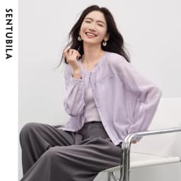 SENTUBILA Women's Lyocell White Shirt 2026 Spring Summer Round Neck Long Sleeve Drawstring Sheer Casual Top 161WB5014
