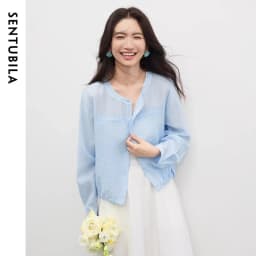 SENTUBILA Women's Lyocell White Shirt 2026 Spring Summer Round Neck Long Sleeve Drawstring Sheer Casual Top 161WB5014