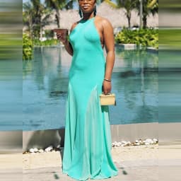 Women's Halter Neck Open Back Maxi Dress Ribbed Knit Top Flowy Chiffon Hem Bodycon Female Summer Evening Vacation Party Dress