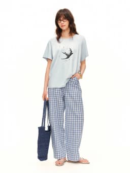DUSHU 2026 Summer Women's Blue Plaid Barrel Leg Pants Relaxed Straight Fit - Casual Everyday Style for Summer Wear