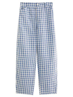 DUSHU 2026 Summer Women's Blue Plaid Barrel Leg Pants Relaxed Straight Fit - Casual Everyday Style for Summer Wear