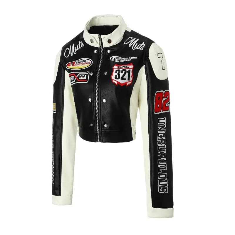 Embroidered PU Leather Racing Jacket Women Luxury Spliced Short Biker Jacket Motorcycle Outerwears Spring Autumn Women Clothes
