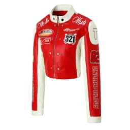Embroidered PU Leather Racing Jacket Women Luxury Spliced Short Biker Jacket Motorcycle Outerwears Spring Autumn Women Clothes