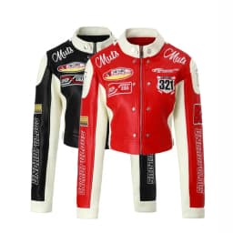 Embroidered PU Leather Racing Jacket Women Luxury Spliced Short Biker Jacket Motorcycle Outerwears Spring Autumn Women Clothes