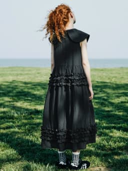 Black temperament dress, women's imakokoni original, summer casual art texture, doll neck sleeveless mid length skirt 265573
