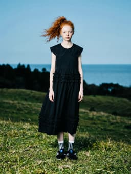 Black temperament dress, women's imakokoni original, summer casual art texture, doll neck sleeveless mid length skirt 265573