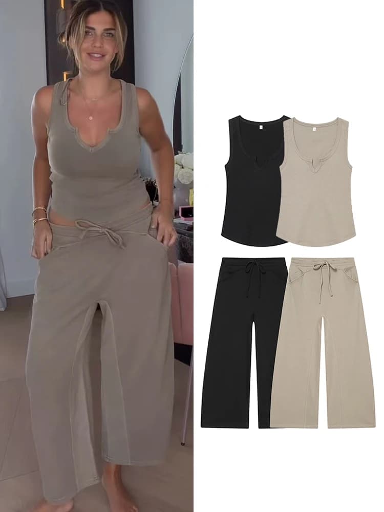 TFMLN Casual Sleeveless Top Pants Women Set Slim Solid Tee Lace Up Straight Pant Female 2026 Summer Lady Vintage Trouser Suit