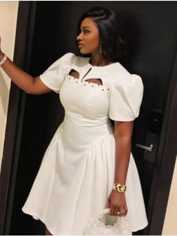 Elegant White Cutout Puff Sleeve Mini Dress Luxury Rhinestone Beading High Waist A-Line Party Dress Trendy Summer Club Vestidos