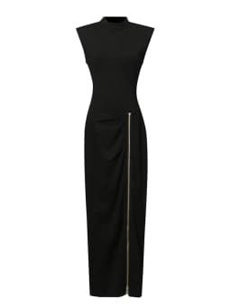 Solid Slimming Spliced Zipper Temperament Dresses for Women Stand Neck Sleeveless Patchwork Folds Dress Female New
