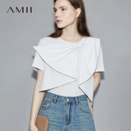 Amii Women's Cotton T-Shirt 2026 Summer New Round Neck Bow Detail Short Sleeve Tee Loose Versatile Casual Top for Women 12652061