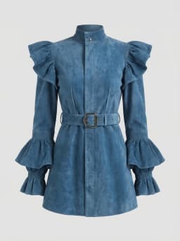 Women's Suede Mini Dress with Ruffled Puff Sleeves High Neck Belted Waist Flounce Cuffs Button-Down Chic Ethnic Style Dress
