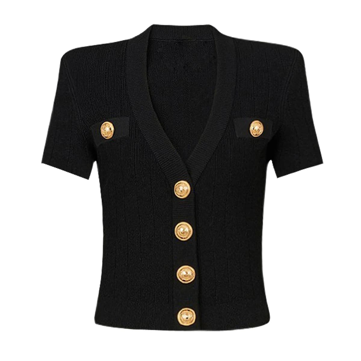SML Black And White High-quality Fashionable Elastic Knitted Fabric Button Decoration Short Sleeved Slim Fitting Women's T-shirt