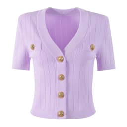 SML Black And White High-quality Fashionable Elastic Knitted Fabric Button Decoration Short Sleeved Slim Fitting Women's T-shirt