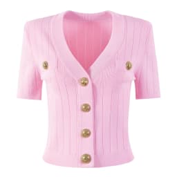 SML Black And White High-quality Fashionable Elastic Knitted Fabric Button Decoration Short Sleeved Slim Fitting Women's T-shirt