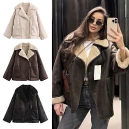 HH Female Autumn Vintage Faux Leather Fleece Jackets Long Sleeves Lapel Single Breasted Pockets Coats Winter Casual Outerwear