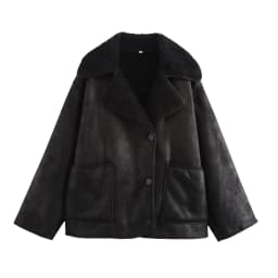 HH Female Autumn Vintage Faux Leather Fleece Jackets Long Sleeves Lapel Single Breasted Pockets Coats Winter Casual Outerwear