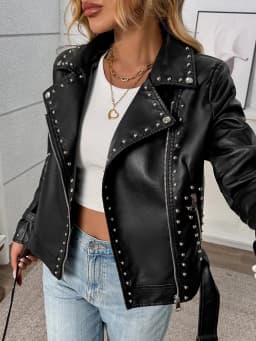 Ailegogo Spring Autumn Women Streetwear Rivet Zipper Belt Faux Leather Jacket Vintage Female Moto Biker Coat Outwear