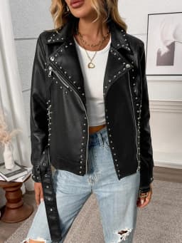 Ailegogo Spring Autumn Women Streetwear Rivet Zipper Belt Faux Leather Jacket Vintage Female Moto Biker Coat Outwear