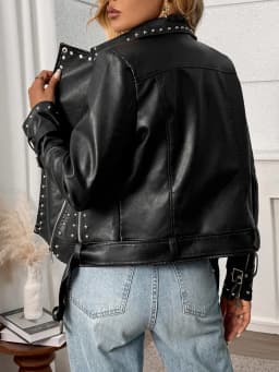 Ailegogo Spring Autumn Women Streetwear Rivet Zipper Belt Faux Leather Jacket Vintage Female Moto Biker Coat Outwear
