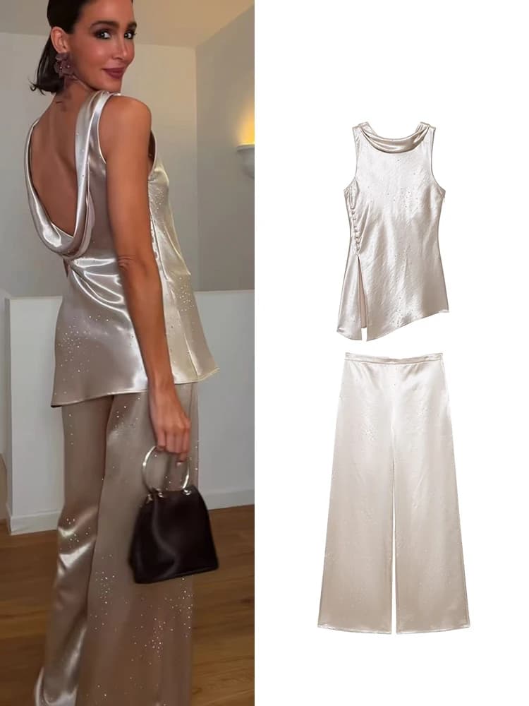 TFMLN Fashion Pant Suit for Women Summer Rhinestone Embellished High-end Sleeveless Top Straight Pants Elegant Shinny 2pcs Set