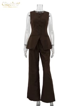 Clacive Summer Slim Brown Linen Pants Set 2 Piece Woman Fashion Sleeveless Tank Top With High Waist Wide Trousers Suits Female