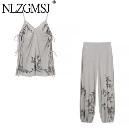 Nlzgmsj 2026 Women Sequin Embroidery Two Piece Set Spaghetti Strap Deep V Neck Side Tie Up Cami Top Lantern Loose Pants Vacation