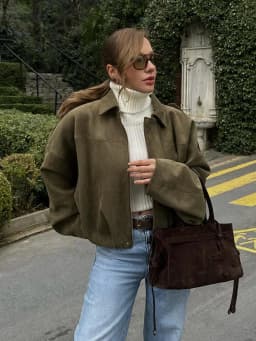 HH Women's Suede Texture Jacket High Street Turn-Down Collar Long Sleeve Elastic Zipper Button Solid Spring Trendy Coat