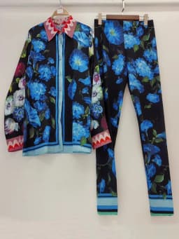 Retro Printed Lapel Long-Sleeved Shirt 2025 Spring Women's New Suit + Elastic Waist Slim Elastic Feet Pants Fashion Two-Piece Su