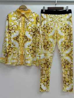 Retro Printed Lapel Long-Sleeved Shirt 2025 Spring Women's New Suit + Elastic Waist Slim Elastic Feet Pants Fashion Two-Piece Su