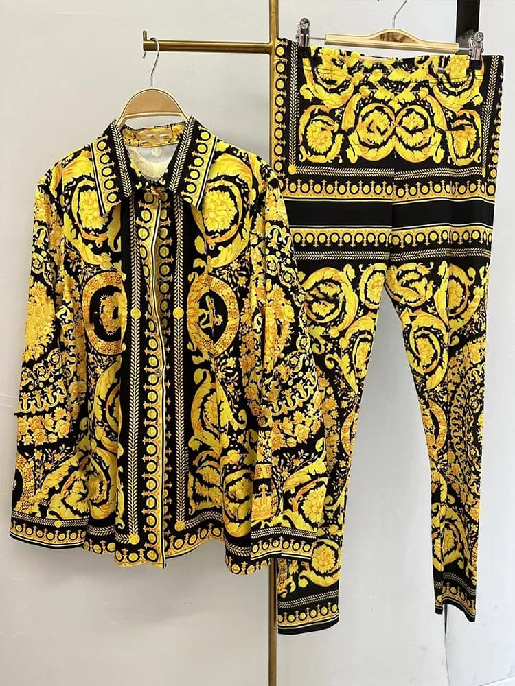 Retro Printed Lapel Long-Sleeved Shirt 2025 Spring Women's New Suit + Elastic Waist Slim Elastic Feet Pants Fashion Two-Piece Su
