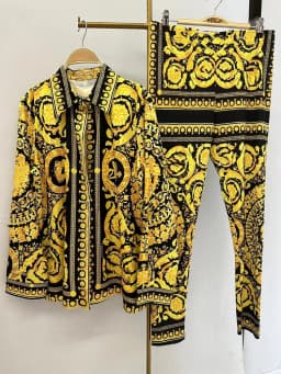 Retro Printed Lapel Long-Sleeved Shirt 2025 Spring Women's New Suit + Elastic Waist Slim Elastic Feet Pants Fashion Two-Piece Su