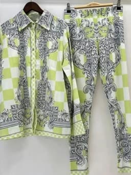 Retro Printed Lapel Long-Sleeved Shirt 2025 Spring Women's New Suit + Elastic Waist Slim Elastic Feet Pants Fashion Two-Piece Su
