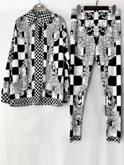 Retro Printed Lapel Long-Sleeved Shirt 2025 Spring Women's New Suit + Elastic Waist Slim Elastic Feet Pants Fashion Two-Piece Su