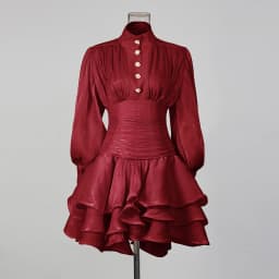 VGH Elegant Pink High Neck Organza Fabric Mini Dresses for Women Puff Sleevs Ruched Waist Tiered Ruffles for Cocktail Parties