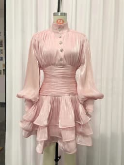 VGH Elegant Pink High Neck Organza Fabric Mini Dresses for Women Puff Sleevs Ruched Waist Tiered Ruffles for Cocktail Parties