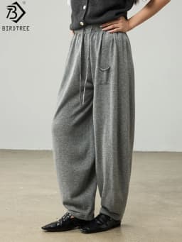 Birdtree 100% Sheep Wool Knitted Drawstring Cocoon Pants,Women Elastic Waist Pocket Trousers, 2025 Autumn Lantern Pants T59732JF