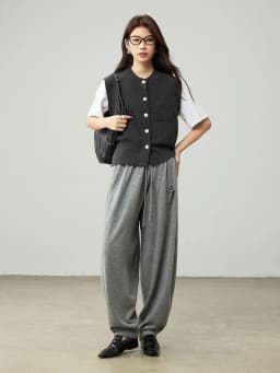 Birdtree 100% Sheep Wool Knitted Drawstring Cocoon Pants,Women Elastic Waist Pocket Trousers, 2025 Autumn Lantern Pants T59732JF