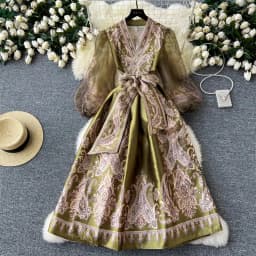 Spring Summer Bohemian Paisley Dress Holiday Puff Sleeve Cross V Neck Vintage Print Bandage Lace Up Robe Vestidos Maxi Clothes