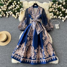 Spring Summer Bohemian Paisley Dress Holiday Puff Sleeve Cross V Neck Vintage Print Bandage Lace Up Robe Vestidos Maxi Clothes