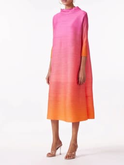 YUDX Miyake Elegant Gradient Pleated Dress Turtleneck Full Sleeves Pink Orange Fashion Mid-Calf Dresses For Women 2025 New