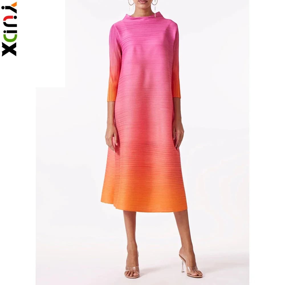 YUDX Miyake Elegant Gradient Pleated Dress Turtleneck Full Sleeves Pink Orange Fashion Mid-Calf Dresses For Women 2025 New