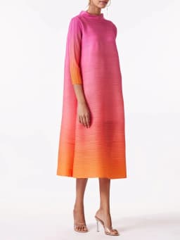 YUDX Miyake Elegant Gradient Pleated Dress Turtleneck Full Sleeves Pink Orange Fashion Mid-Calf Dresses For Women 2025 New