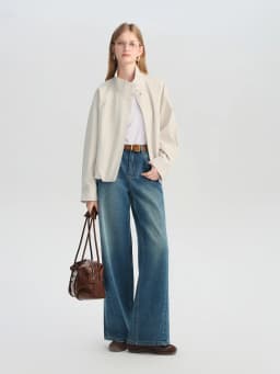 ZIQIAO Autumn 2025 Women's Cropped Stand Collar Jacket - Relaxed Fit Casual Short Outerwear Lightweight Layering Basic Top
