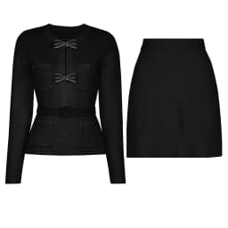High Quality Spring And Autumn New Style Bright Silk Nail Bead Bow Belt Top Knitted Cardigan+half Skirt Slim Fit Women's Set