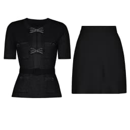 High Quality Spring And Autumn New Style Bright Silk Nail Bead Bow Belt Top Knitted Cardigan+half Skirt Slim Fit Women's Set