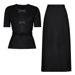 High Quality Spring And Autumn New Style Bright Silk Nail Bead Bow Belt Top Knitted Cardigan+half Skirt Slim Fit Women's Set