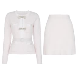 High Quality Spring And Autumn New Style Bright Silk Nail Bead Bow Belt Top Knitted Cardigan+half Skirt Slim Fit Women's Set